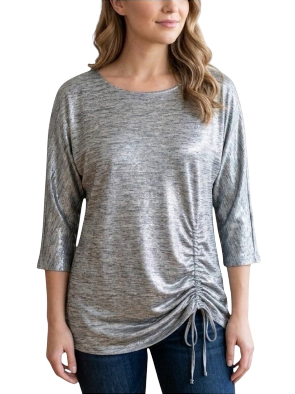 Chico's Travelers 0 Sz Small Silver Metallic Ruched Side-Tie 3/4 Sleeve Top
